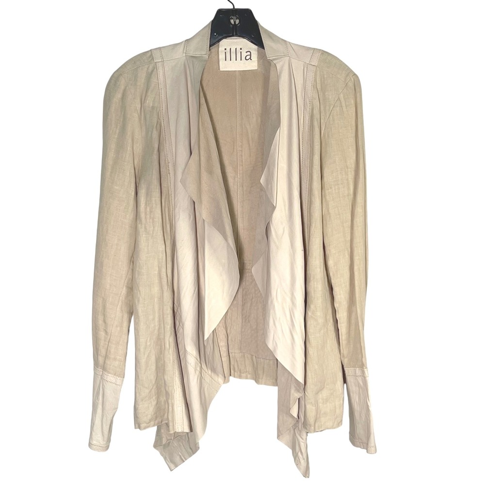illia Womens‎ Linen Leather Trim Open Front Drape Cardigan Jacket Size 10 Beige